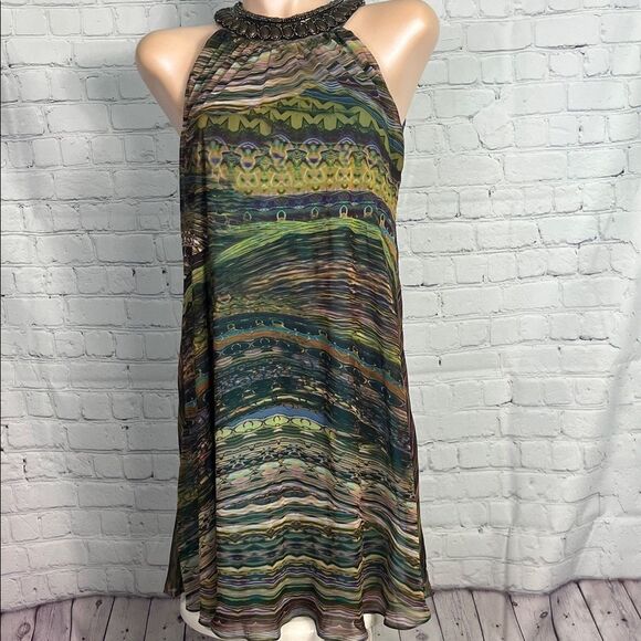 Multicolor Chiffon Beaded Halter Neck Dress Size 8 in Peacock colors - Picture 1 of 6